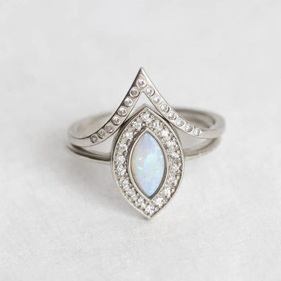 Marquise-Cut White Opal Halo Ring with Round Diamonds and V-Shaped Diamond Pave Band
