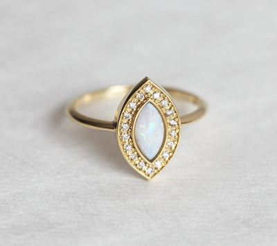 Marquise-Cut White Opal Halo Ring with Round Diamonds