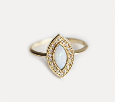 Marquise-Cut White Opal Halo Ring with Round Diamonds