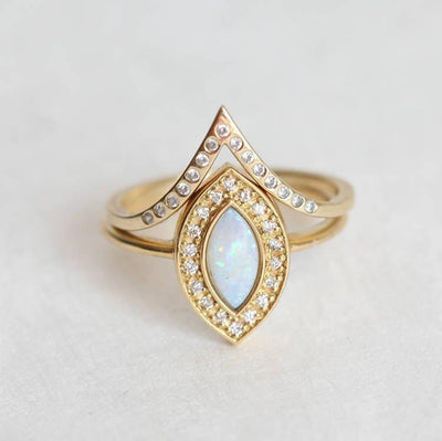 Marquise-Cut White Opal Halo Ring with Round Diamonds and V-Shaped Diamond Pave Band