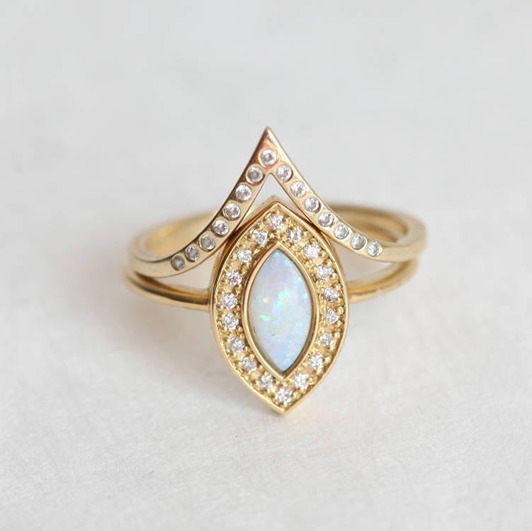 Marquise-Cut White Opal Halo Ring with Round Diamonds and V-Shaped Diamond Pave Band