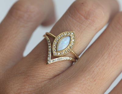 Marquise-Cut White Opal Halo Ring with Round Diamonds and V-Shaped Diamond Pave Band