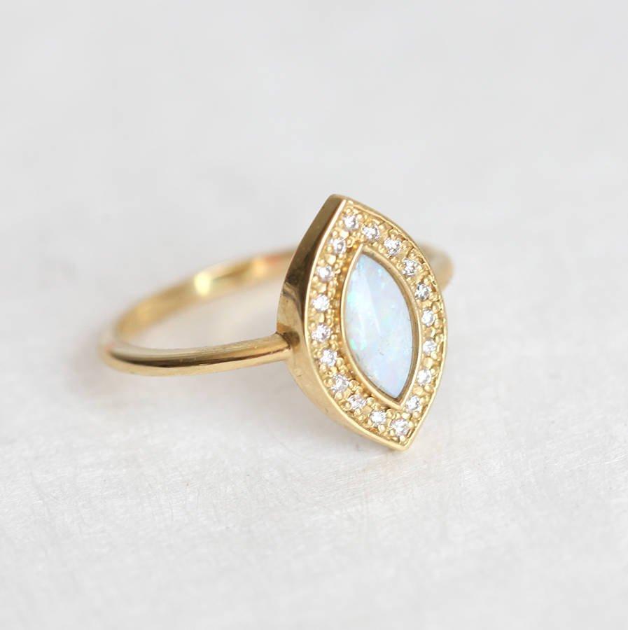 Marquise-Cut White Opal Halo Ring with Round Diamonds