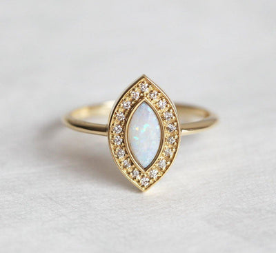 Marquise-Cut White Opal Halo Ring with Round Diamonds