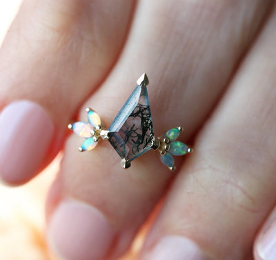 Kite Moss Agate Ring with Side Australian Opal Stones