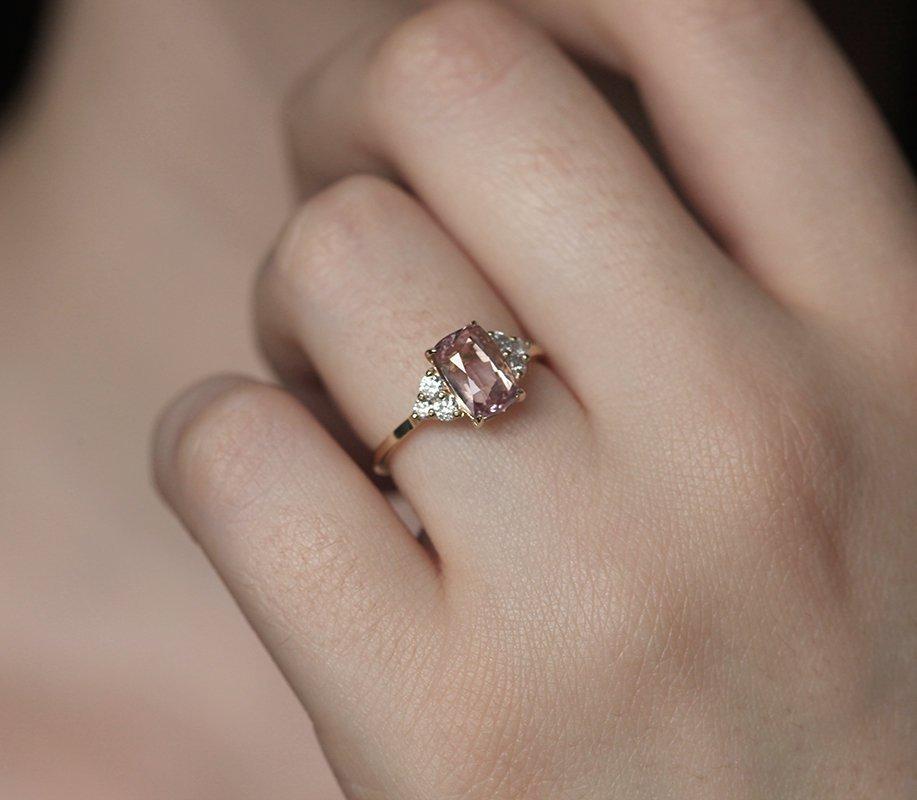 Cushion cut shops peach champagne sapphire ring