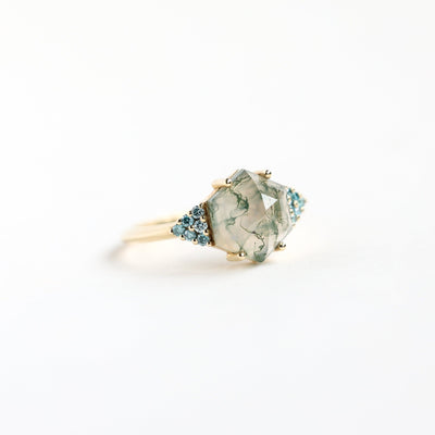 Hexagon Moss Agate Ring with Side Teal Blue Diamonds