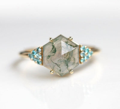 Hexagon Moss Agate Ring with Side Teal Blue Diamonds