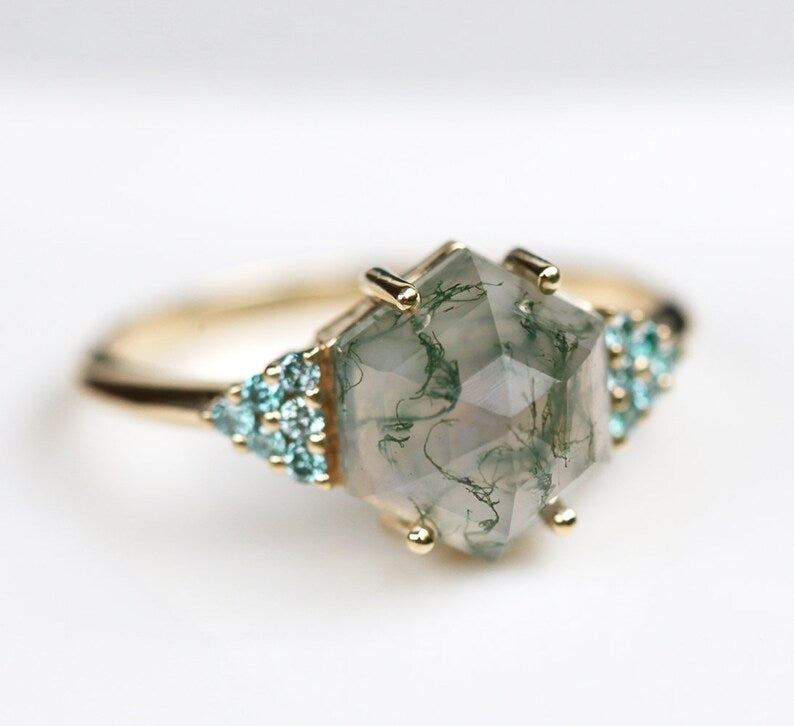 Hexagon Moss Agate Ring with Side Teal Blue Diamonds