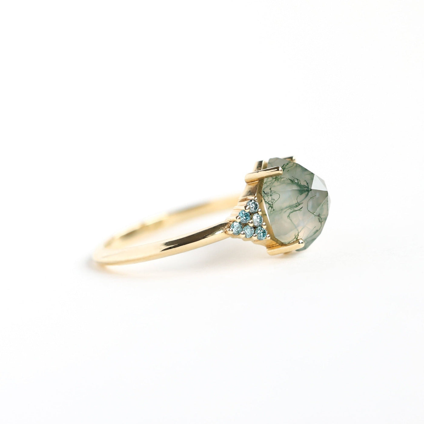 Hexagon Moss Agate Ring with Side Teal Blue Diamonds