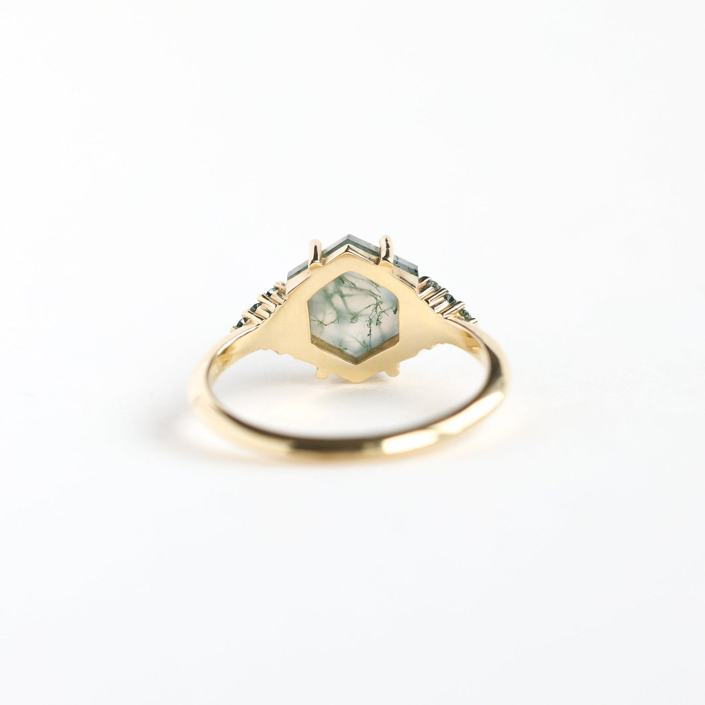 Hexagon Moss Agate Ring with Side Teal Blue Diamonds