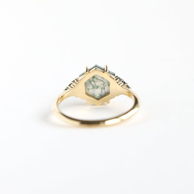 Hexagon Moss Agate Ring with Side Teal Blue Diamonds