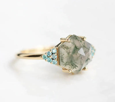 Hexagon Moss Agate Ring with Side Teal Blue Diamonds