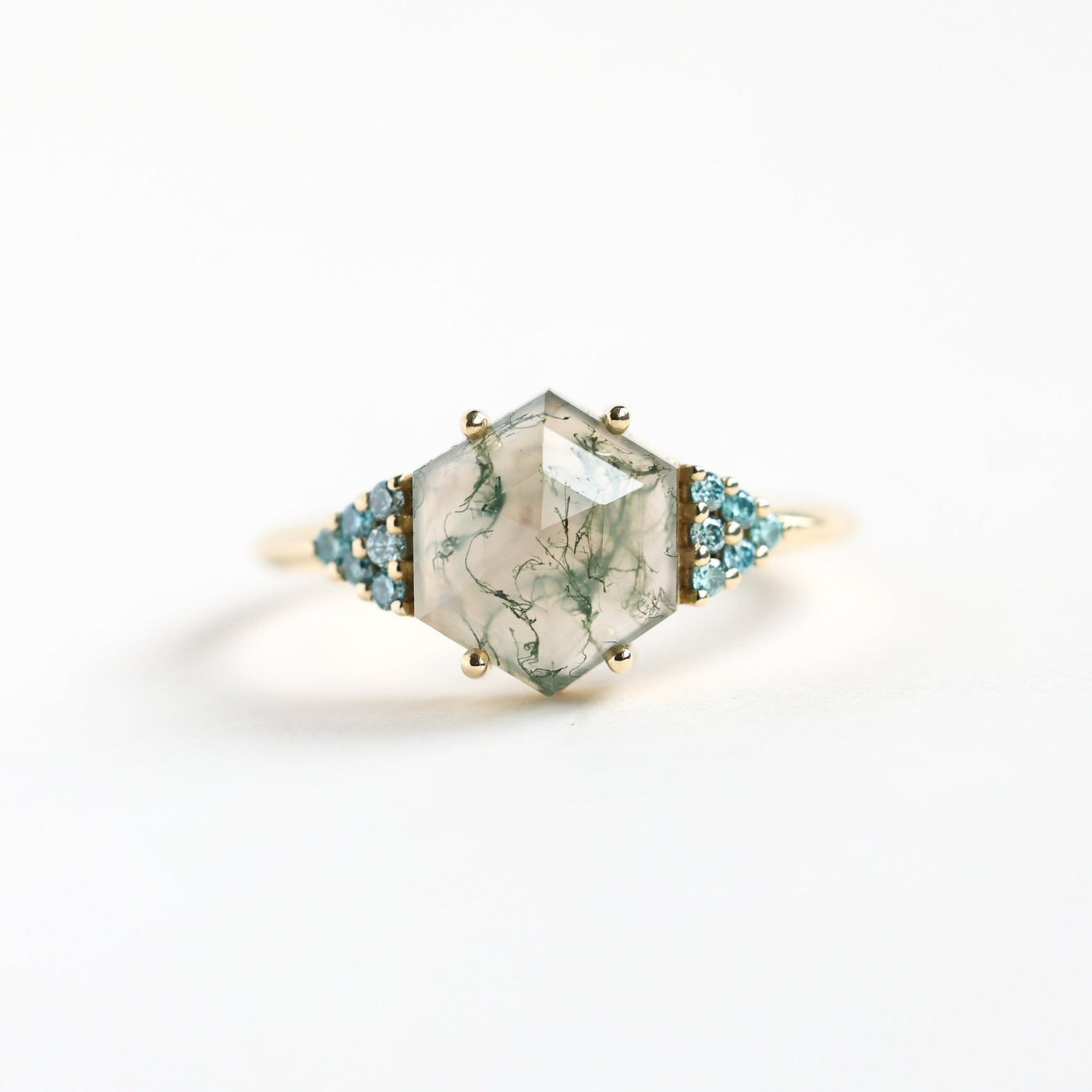 Hexagon Moss Agate Ring with Side Teal Blue Diamonds