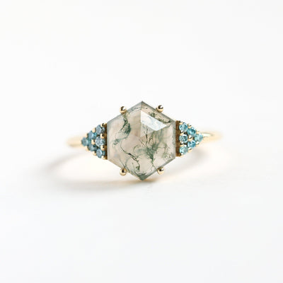 Hexagon Moss Agate Ring with Side Teal Blue Diamonds