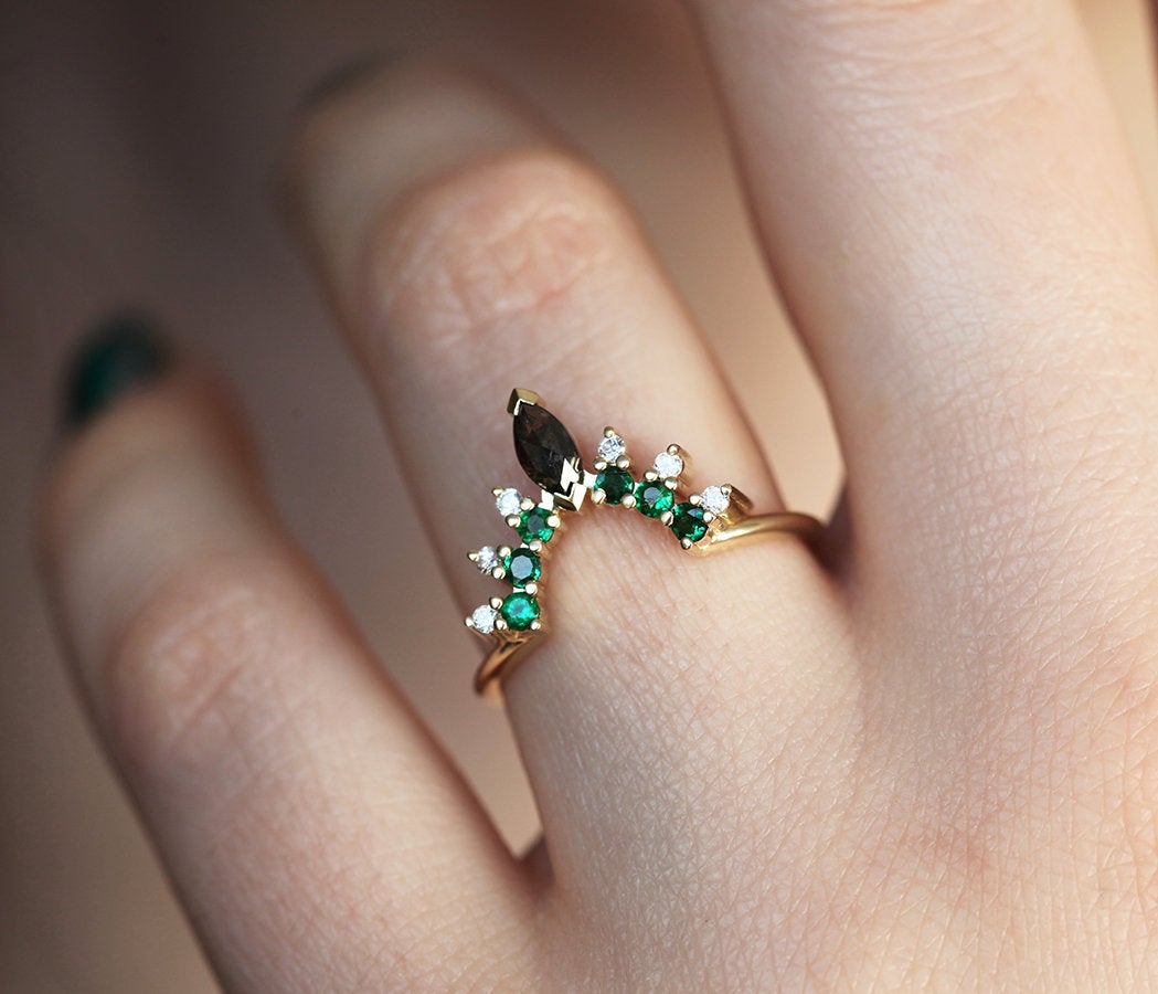 Side Ring with Black, White Diamonds and Emerald Stones 