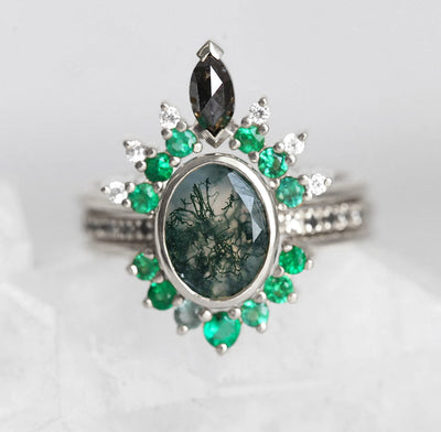 Green Oval Moss Agate Ring Set with Side Black, White Diamonds and Emerald Stones 