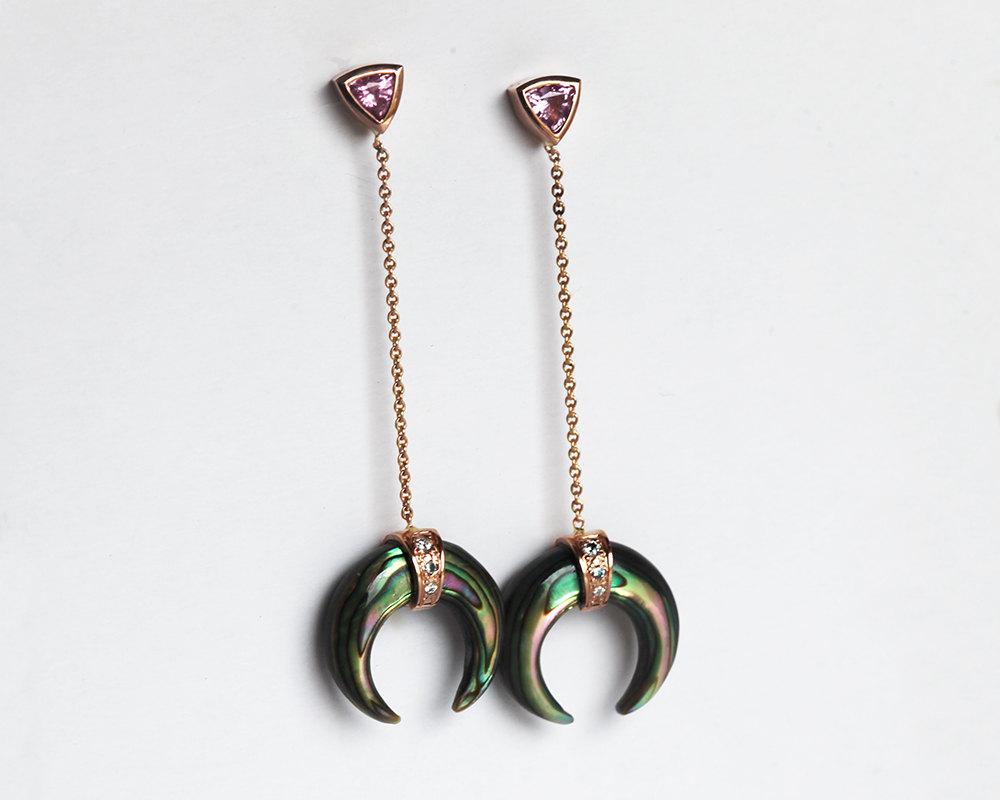 Trillion-cut pink sapphire and diamond gold crescent drop earrings