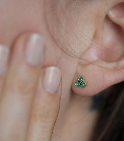 Three-Stone Emerald Gold Stud Earrings