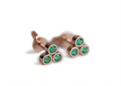 Three-Stone Emerald Gold Stud Earrings