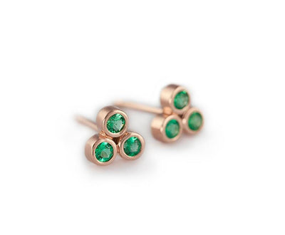 Three-Stone Emerald Gold Stud Earrings