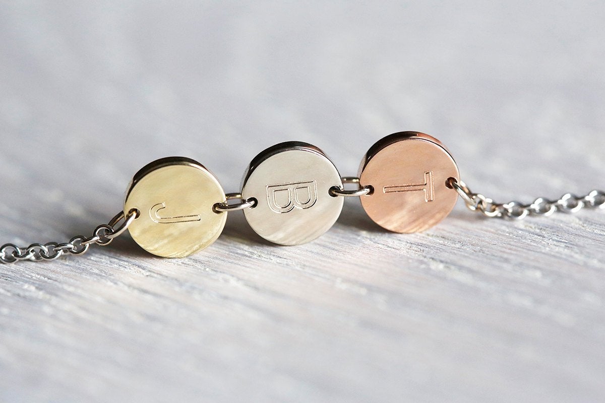 Rose gold necklace with three personalized initial discs