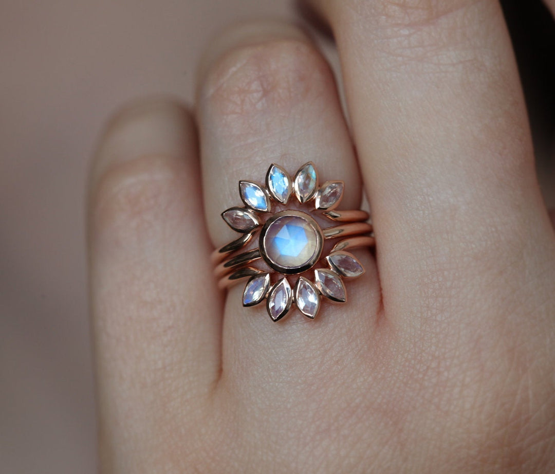 Rose Gold Moonstone Ring Set, Floral Moonstone Ring – Capucinne