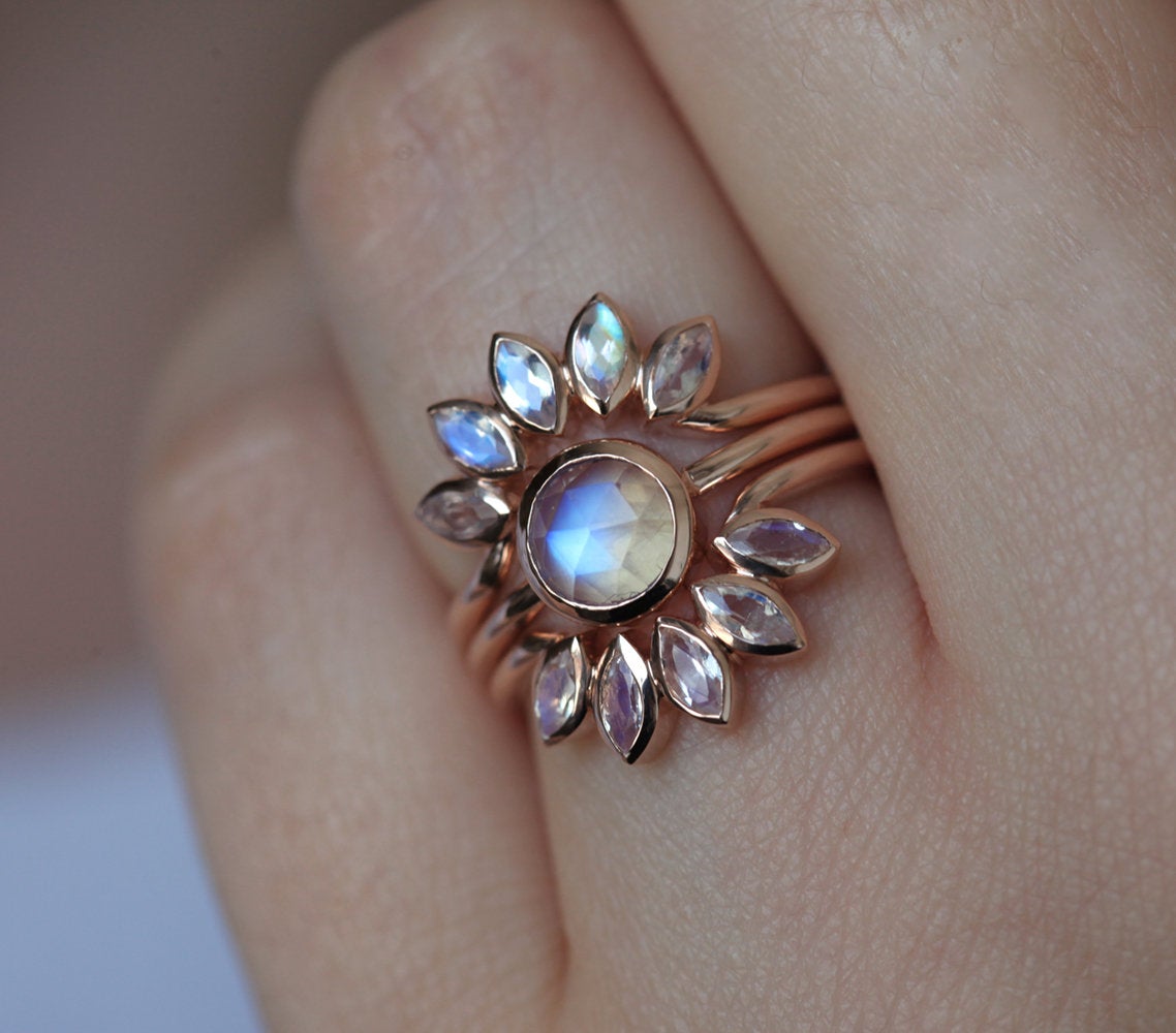 Round Moonstone Flower Ring Set with Marquise Cut Side Moonstones