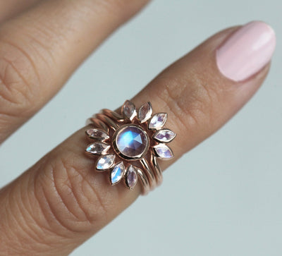 Round Moonstone Flower Ring Set with Marquise Cut Side Moonstones