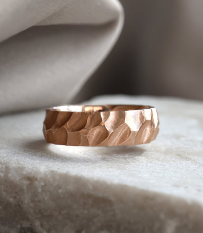 Rose gold Mens Band with Unique Hammered Texture Rings