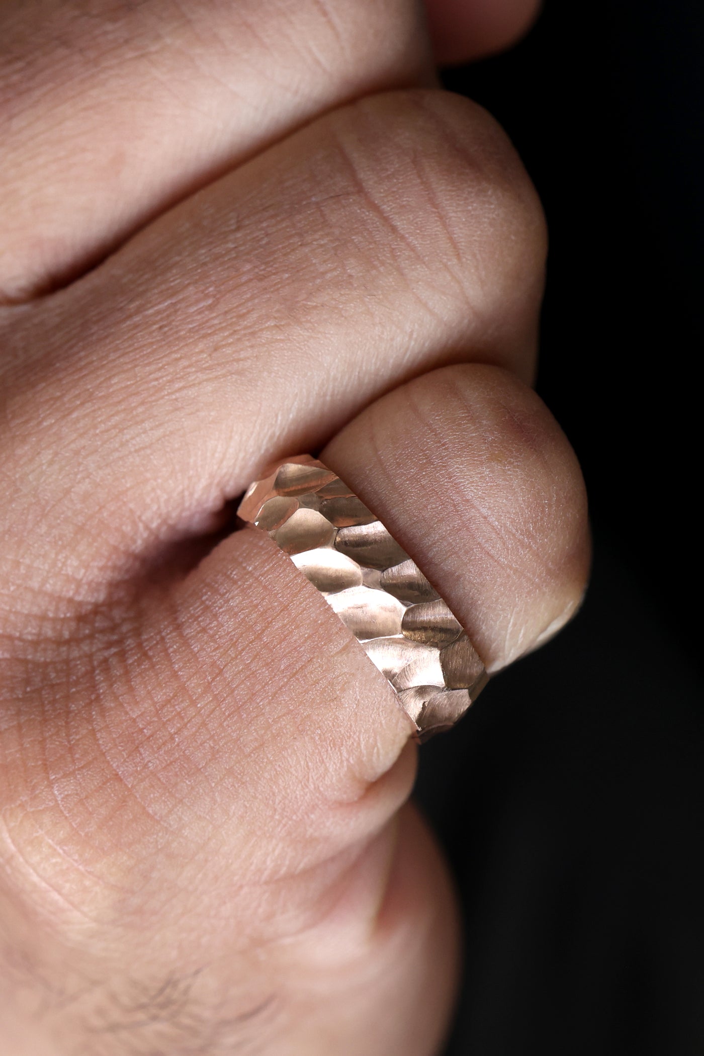 Rose gold Mens Band with Unique Hammered Texture Rings