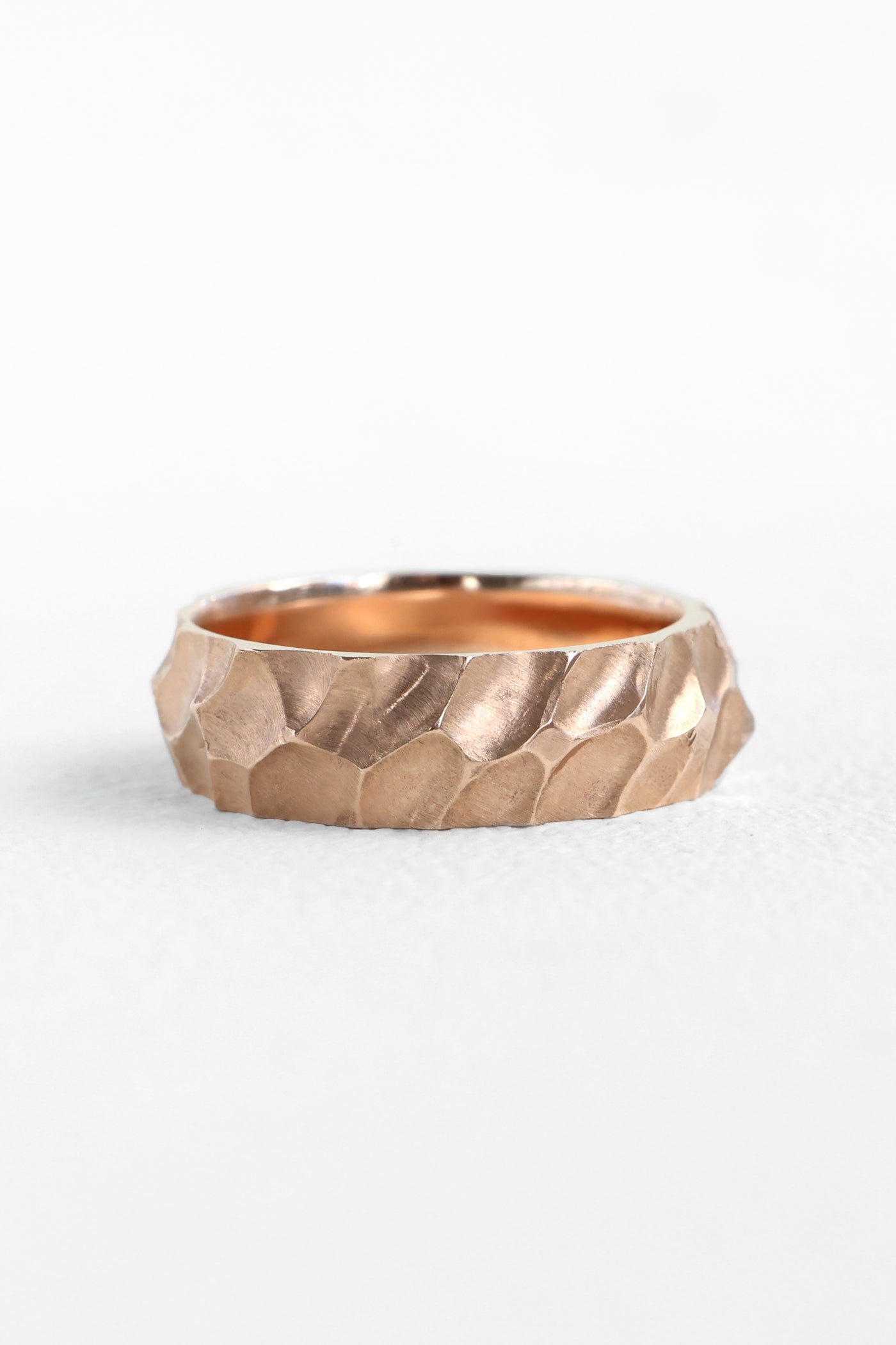 Rose gold Mens Band with Unique Hammered Texture Rings