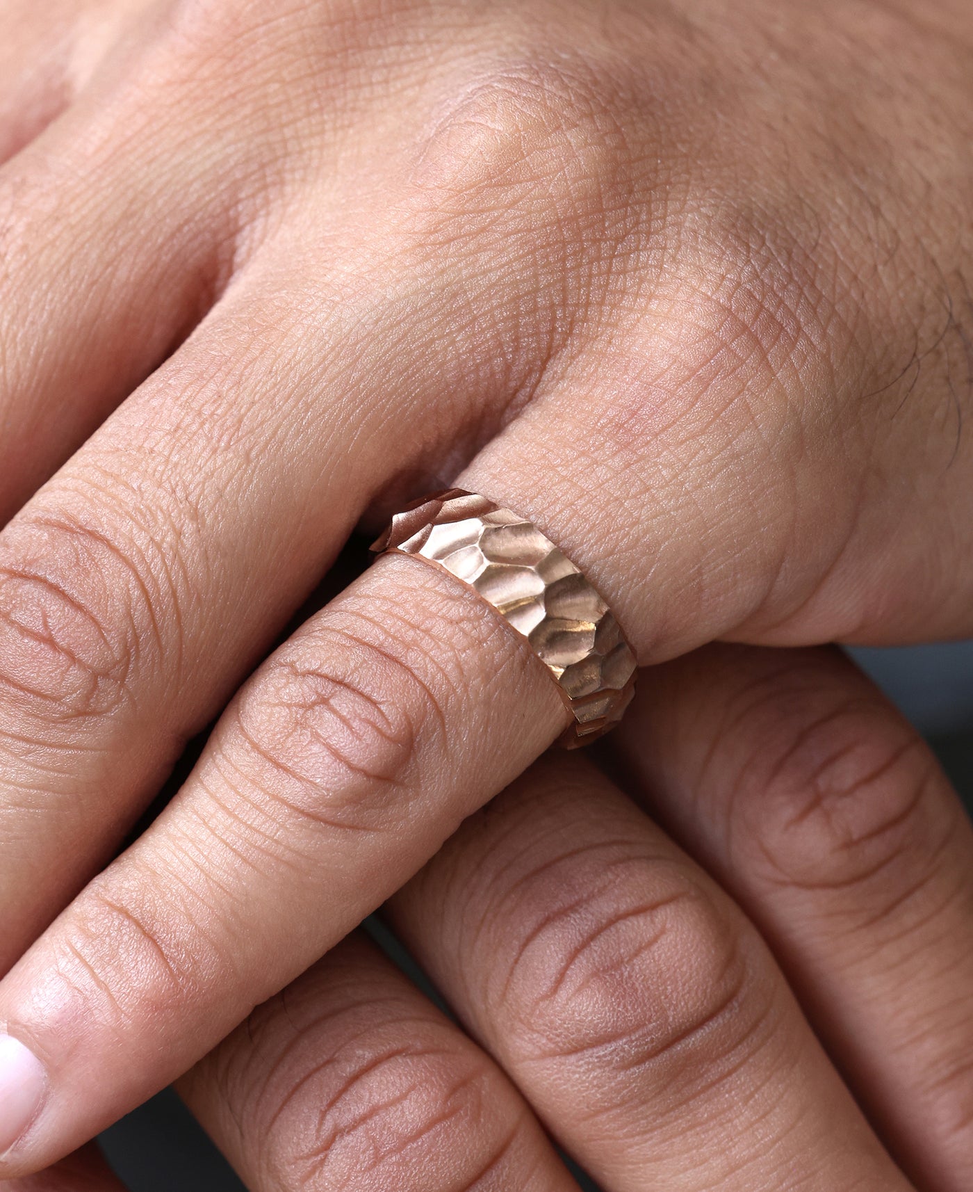 Rose gold Mens Band with Unique Hammered Texture Rings