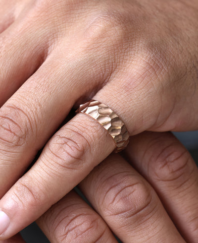 Rose gold Mens Band with Unique Hammered Texture Rings