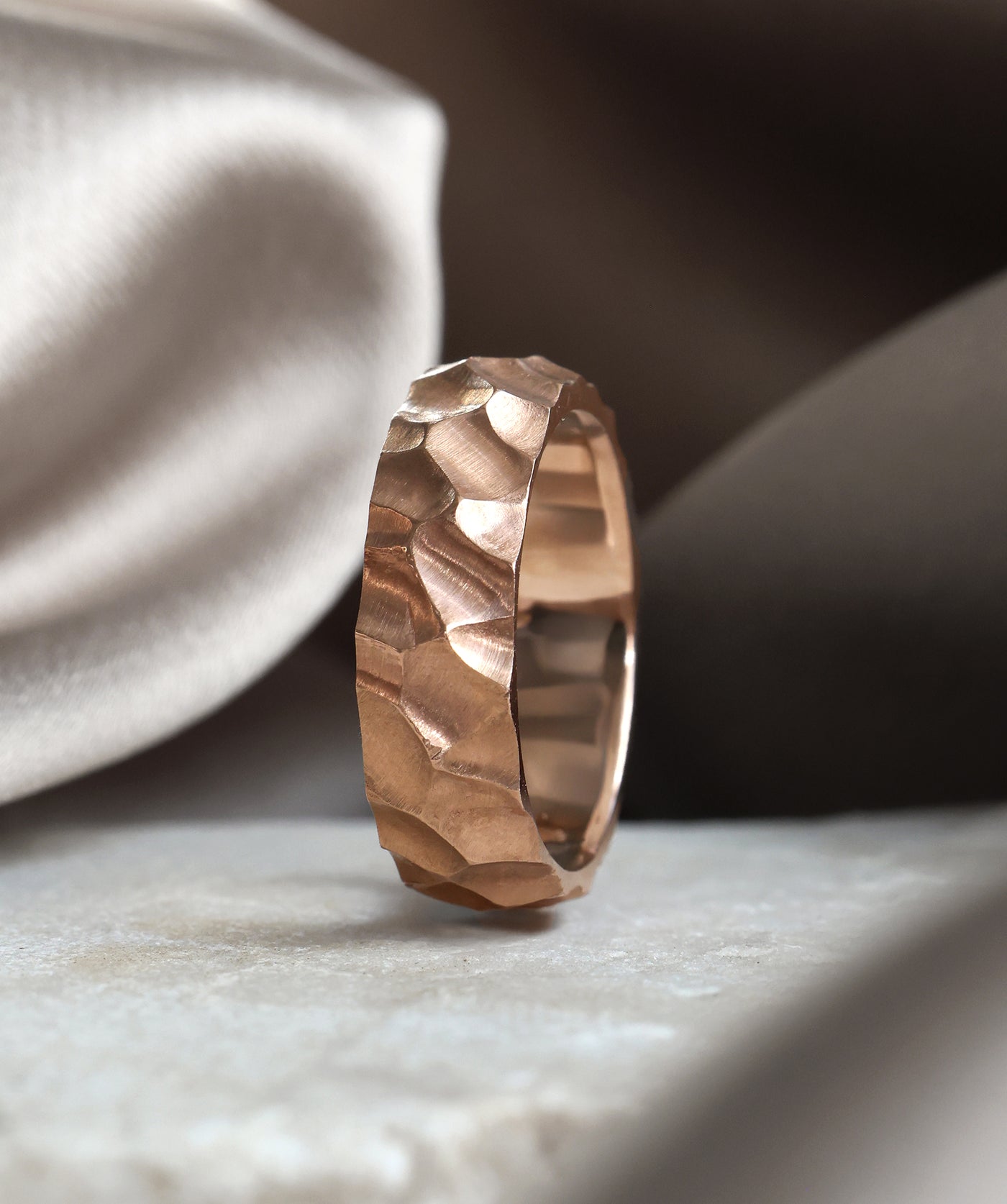 Rose gold Mens Band with Unique Hammered Texture Rings