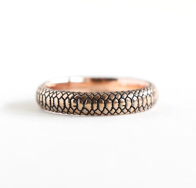 Gold snake textured ring with snake band design in 14k rose gold. Width options: 3mm-6mm. Customizable with gemstones.