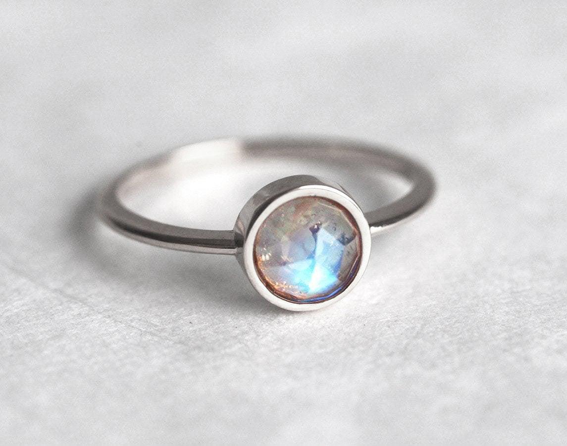 Round White Bezel Moonstone Solitaire Ring