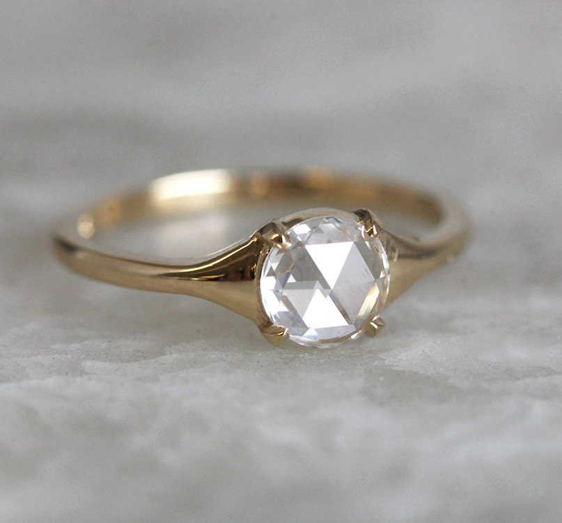 Round Diamond Ring, Round Rose Cut White Diamond Engagement Ring, 0.3Ct Diamond Solitaire Ring, 18K Gold Diamond Ring-Capucinne