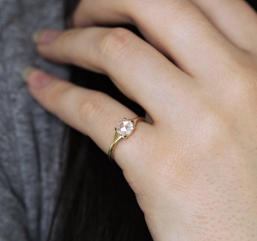 Round Diamond Ring, Round Rose Cut White Diamond Engagement Ring, 0.3Ct Diamond Solitaire Ring, 18K Gold Diamond Ring-Capucinne