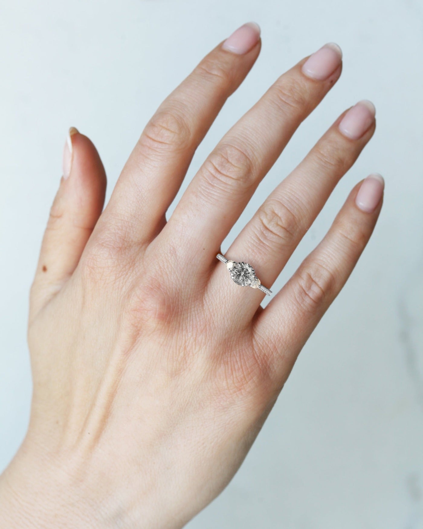 Round Half Pave Salt & Pepper Diamond Ring with Round White Diamonds and Accent Diamonds