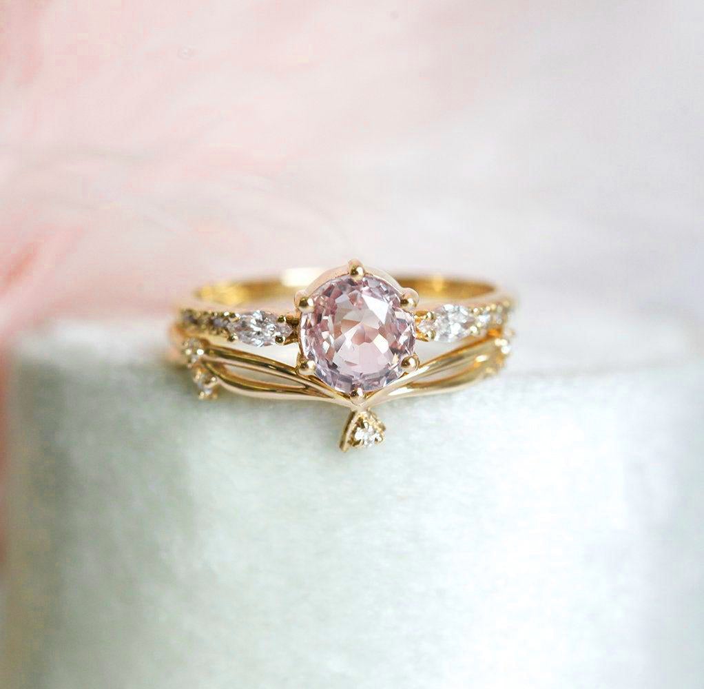 Round Peach Sapphire and Diamond Engagement Ring Set 18K Yellow Gold