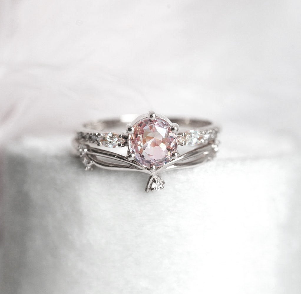 Round Peach Sapphire And Diamond Engagement Ring Set – Capucinne