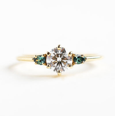 Round Three Stone Diamond Ring With Teal Pear Sapphires