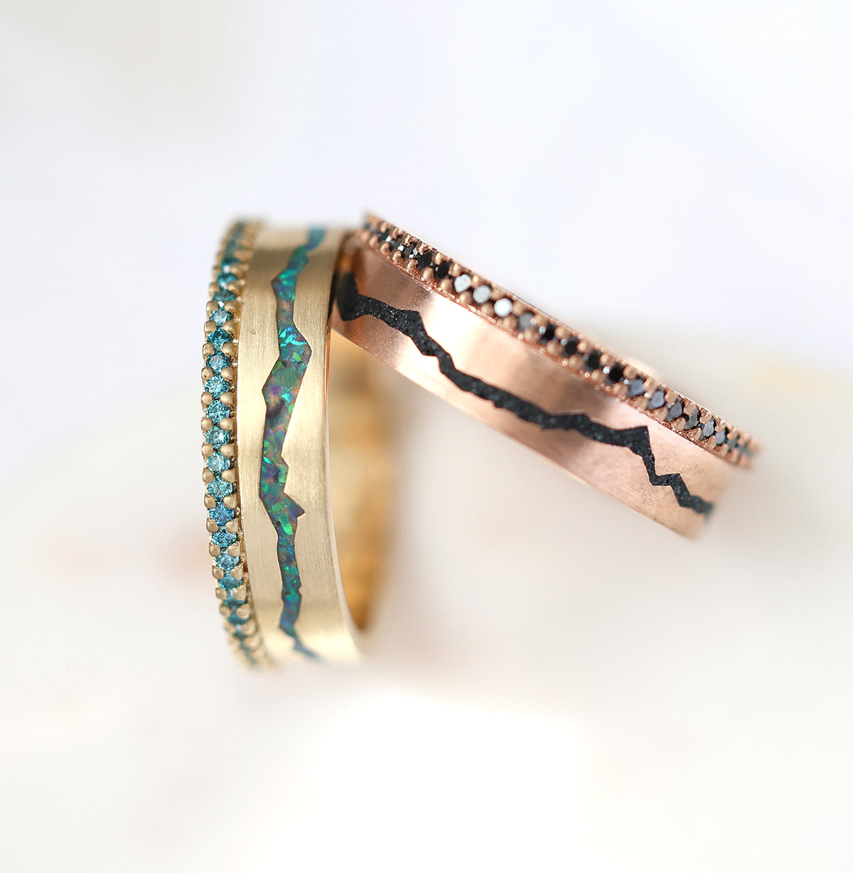 Peacock Black Inlay Opal Band with Teal Side Diamonds