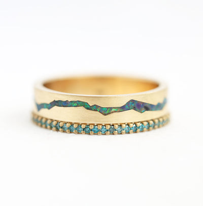 Peacock Black Inlay Opal Band with Teal Side Diamonds