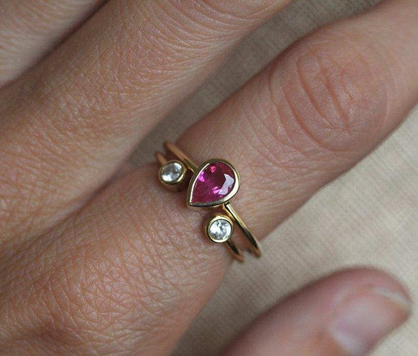 Pear Ruby Open Band Gold Engagement Ring Set with Round White Diamonds