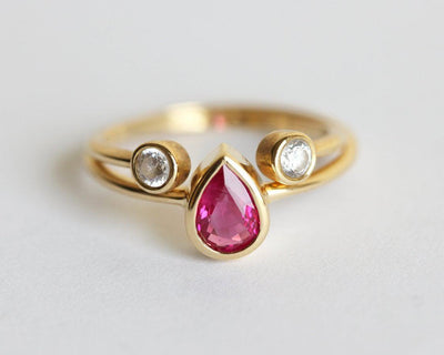 Pear Ruby Open Band Gold Engagement Ring Set with Round White Diamonds