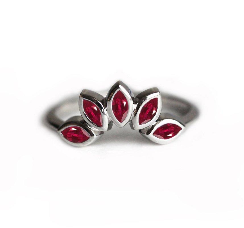Marquise-cut ruby floral crown wedding band