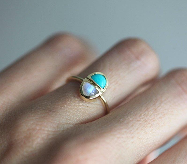 Half Moon Turquoise and Half Moon Moonstone Ring