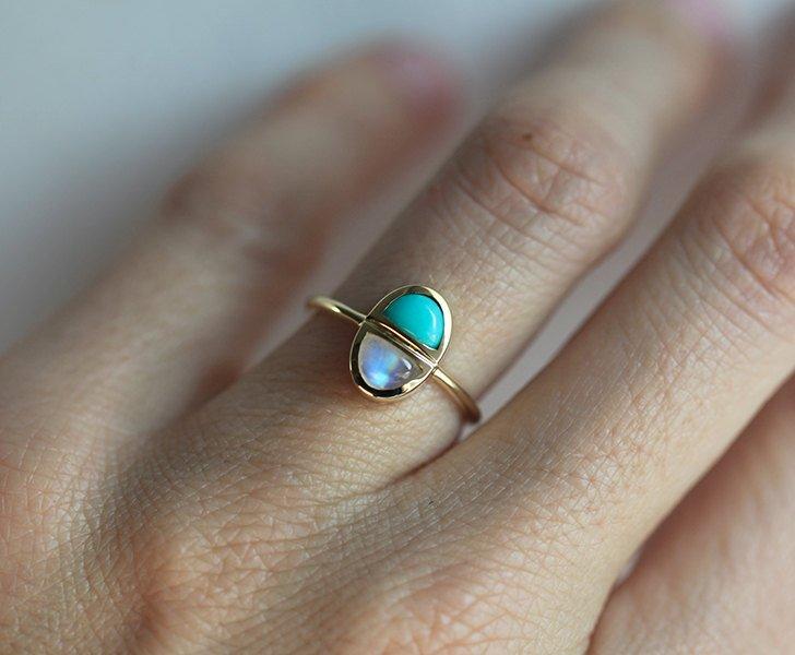 Half Moon Turquoise and Half Moon Moonstone Ring